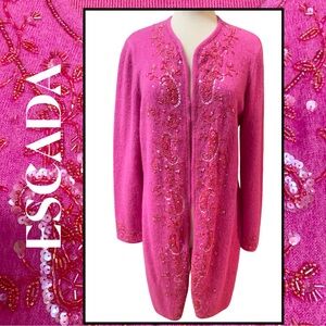 Vintage ESCADA Germany Rose Pink Sweater Coat Sequin Beads Mohair Wool 42